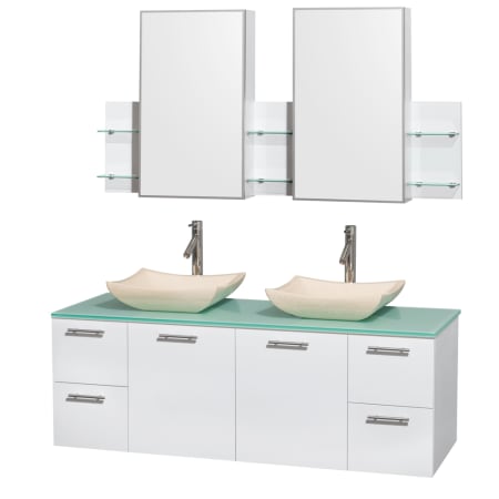 Glossy White Vanity with Green Glass Top and Avalon Ivory Marble Sinks