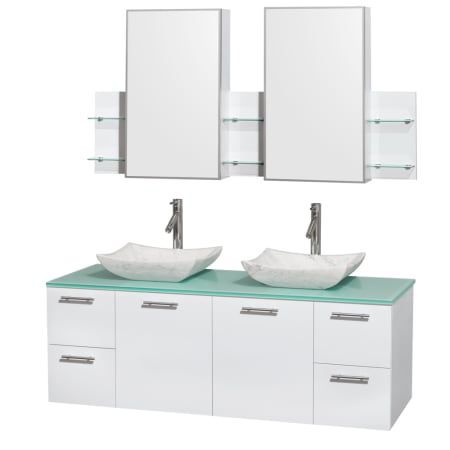 Glossy White Vanity with Green Glass Top and Avalon White Carrera Marble Sinks