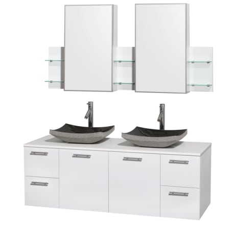 Glossy White Vanity with White Stone Top and Altair Black Granite Sinks