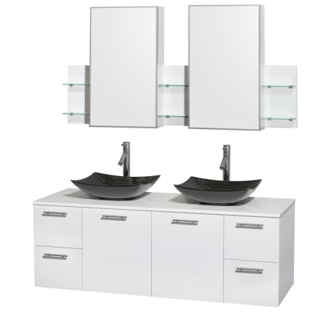 Glossy White Vanity with White Stone Top and Arista Black Granite Sinks