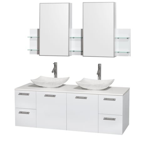 Glossy White Vanity with White Stone Top and Arista White Carrera Marble Sinks