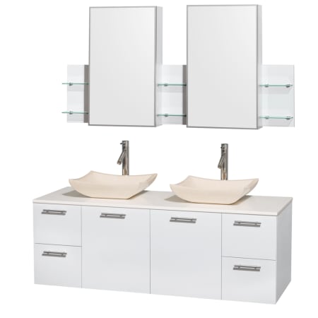 Glossy White Vanity with White Stone Top and Avalon Ivory Marble Sinks