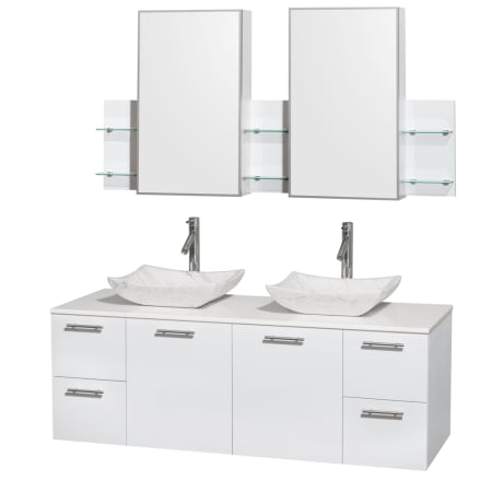 Glossy White Vanity with White Stone Top and Avalon White Carrera Marble Sinks