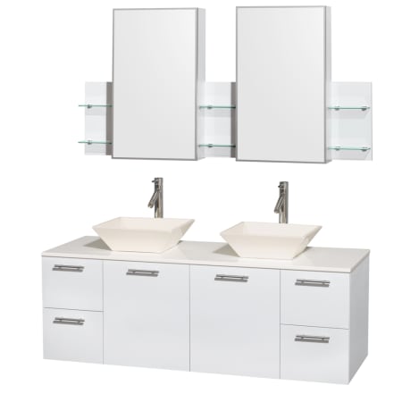 Glossy White Vanity with White Stone Top and Bone Porcelain Sinks