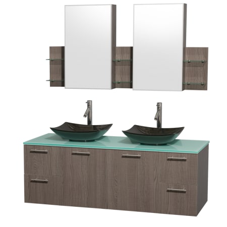 Grey Oak Vanity with Green Glass Top and Arista Black Granite Sinks