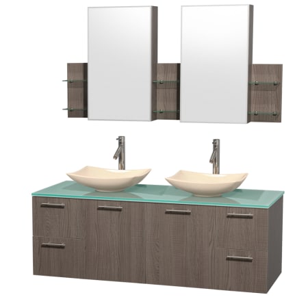 Grey Oak Vanity with Green Glass Top and Arista Ivory Marble Sinks