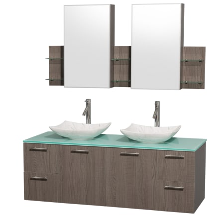 Grey Oak Vanity with Green Glass Top and Arista White Carrera Marble Sinks