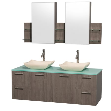 Grey Oak Vanity with Green Glass Top and Avalon Ivory Marble Sinks