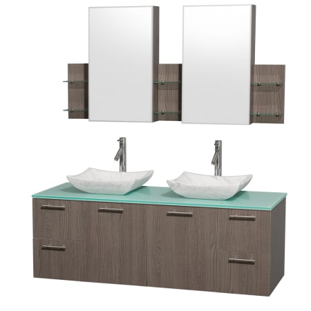 Grey Oak Vanity with Green Glass Top and Avalon White Carrera Marble Sinks