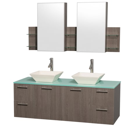 Grey Oak Vanity with Green Glass Top and Bone Porcelain Sinks