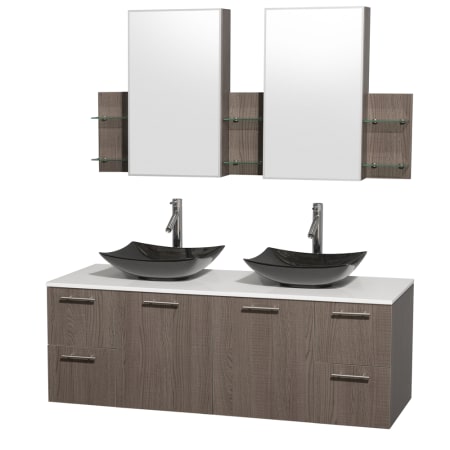 Grey Oak Vanity with White Stone Top and Arista Black Granite Sinks