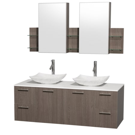 Grey Oak Vanity with White Stone Top and Arista White Carrera Marble Sinks