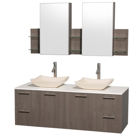 Grey Oak Vanity with White Stone Top and Avalon Ivory Marble Sinks