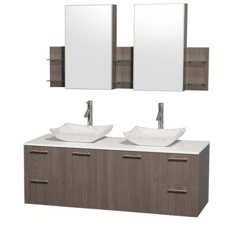 Grey Oak Vanity with White Stone Top and Avalon White Carrera Marble Sinks