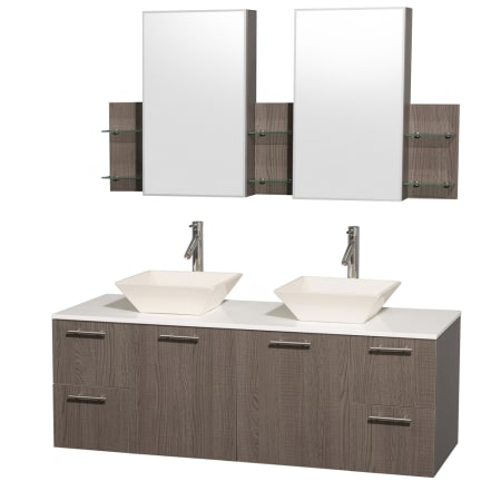 Grey Oak Vanity with White Stone Top and Bone Porcelain Sinks