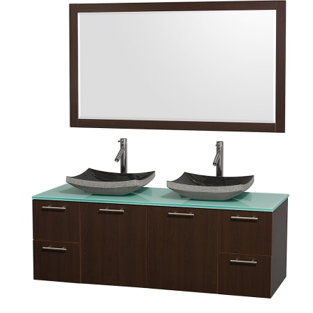 Espresso Vanity with Green Glass Top and Altair Black Granite Sinks