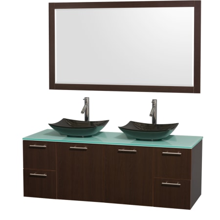 Espresso Vanity with Green Glass Top and Arista Black Granite Sinks