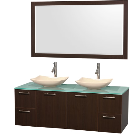 Espresso Vanity with Green Glass Top and Arista Ivory Marble Sinks