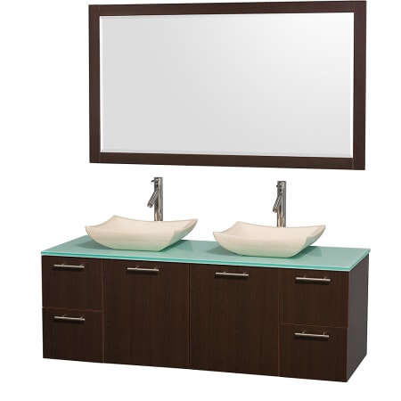 Espresso Vanity with Green Glass Top and Avalon Ivory Marble Sinks