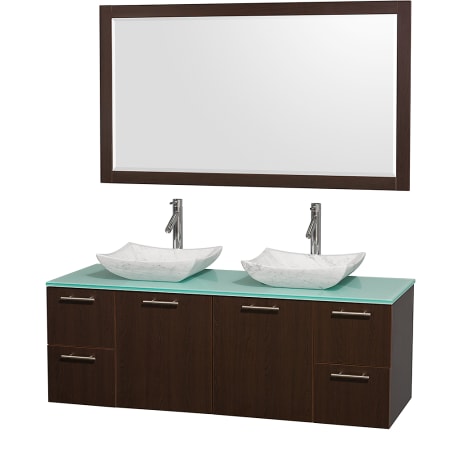 Espresso Vanity with Green Glass Top and Avalon White Carrera Marble Sinks