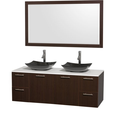 Espresso Vanity with White Stone Top and Arista Black Granite Sinks