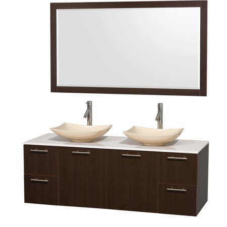 Espresso Vanity with White Stone Top and Arista Ivory Marble Sinks