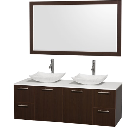 Espresso Vanity with White Stone Top and Arista White Carrera Marble Sinks