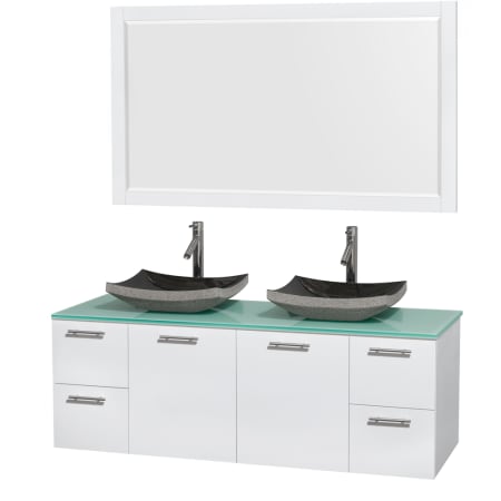 Glossy White Vanity with Green Glass Top and Altair Black Granite Sinks