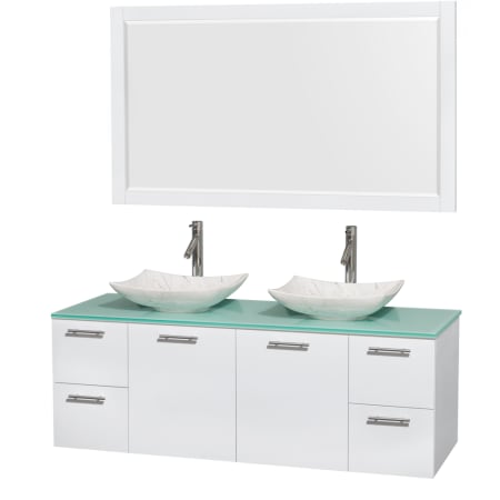 Glossy White Vanity with Green Glass Top and Arista White Carrera Marble Sinks