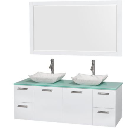 Glossy White Vanity with Green Glass Top and Avalon White Carrera Marble Sinks