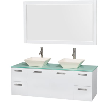 Glossy White Vanity with Green Glass Top and Bone Porcelain Sinks