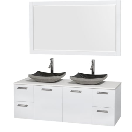 Glossy White Vanity with White Stone Top and Altair Black Granite Sinks