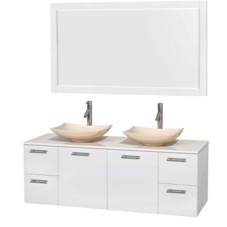 Glossy White Vanity with White Stone Top and Arista Ivory Marble Sinks