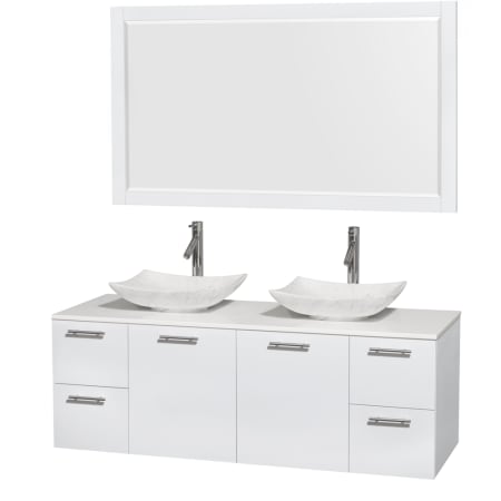 Glossy White Vanity with White Stone Top and Arista White Carrera Marble Sinks