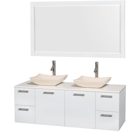 Glossy White Vanity with White Stone Top and Avalon Ivory Marble Sinks