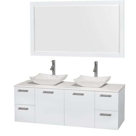 Glossy White Vanity with White Stone Top and Avalon White Carrera Marble Sinks