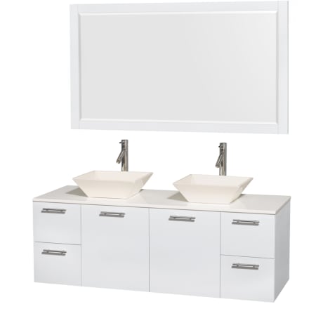 Glossy White Vanity with White Stone Top and Bone Porcelain Sinks