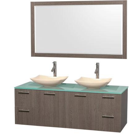 Grey Oak Vanity with Green Glass Top and Arista Ivory Marble Sinks