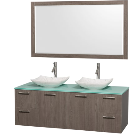 Grey Oak Vanity with Green Glass Top and Arista White Carrera Marble Sinks