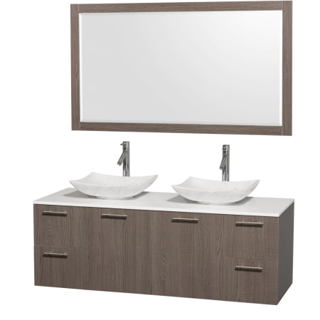 Grey Oak Vanity with White Stone Top and Arista White Carrera Marble Sinks