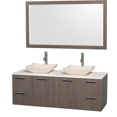 Grey Oak Vanity with White Stone Top and Avalon Ivory Marble Sinks