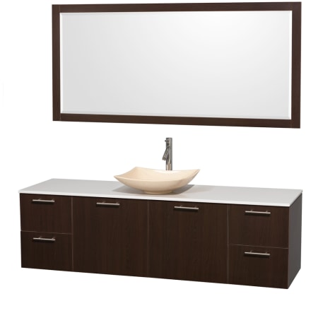 Espresso Vanity with White Stone Top and Arista Ivory Marble Sink