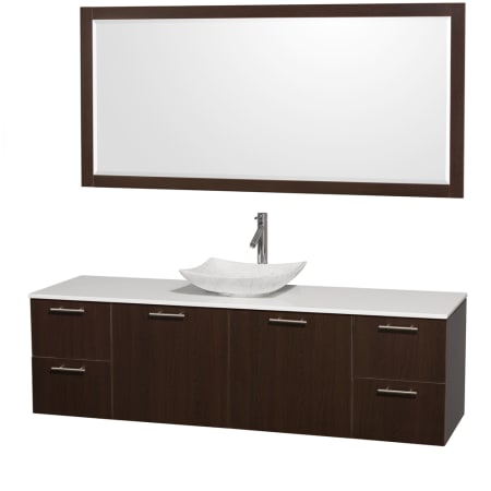 Espresso Vanity with White Stone Top and Arista White Carrera Marble Sink