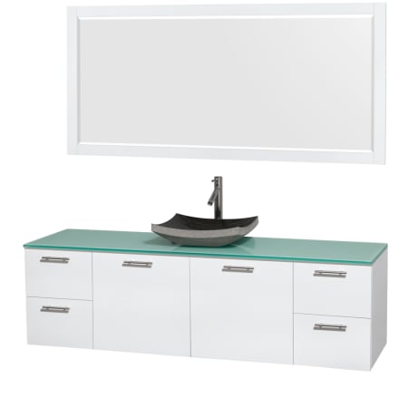 Glossy White Vanity with Green Glass Top and Altair Black Granite Sink