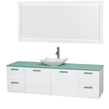 Glossy White Vanity with Green Glass Top and Arista White Carrera Marble Sink