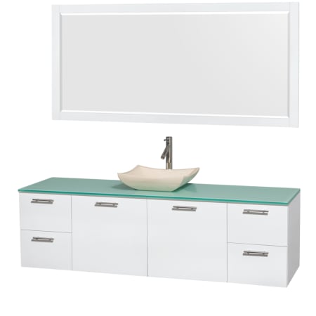 Glossy White Vanity with Green Glass Top and Avalon Ivory Marble Sink