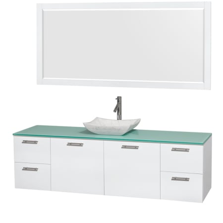 Glossy White Vanity with Green Glass Top and Avalon White Carrera Marble Sink