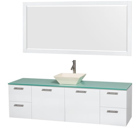 Glossy White Vanity with Green Glass Top and Bone Porcelain Sink