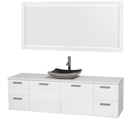 Glossy White Vanity with White Stone Top and Altair Black Granite Sink