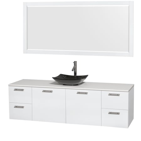 Glossy White Vanity with White Stone Top and Arista Black Granite Sink